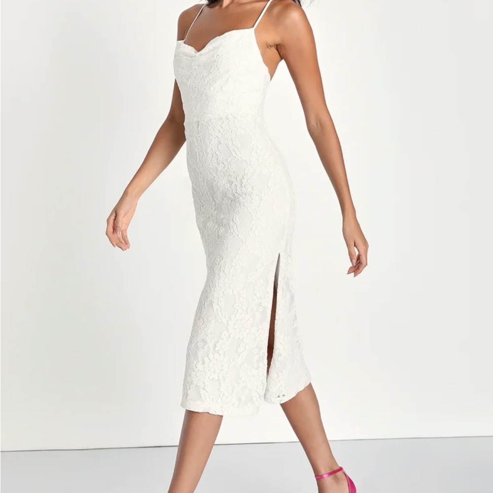 NWT Lulus “Infinite Charm White Lace Cowl neck Sleeveless Midi dress”